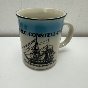 Vintage USF Constellation Mug Cup Beige Blue Baltimore Maryland Frigate Nautical